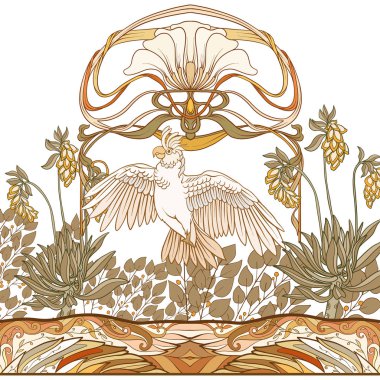 Poster, dekoratif çiçek ve kuş art nouveau tarzında, vintage, eski, retro tarzı ile arka plan. 