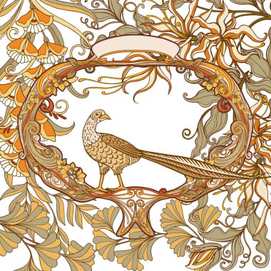 Poster, dekoratif çiçek ve kuş art nouveau tarzında, vintage, eski, retro tarzı ile arka plan. 