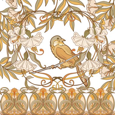 Poster, dekoratif çiçek ve kuş art nouveau tarzında, vintage, eski, retro tarzı ile arka plan. 