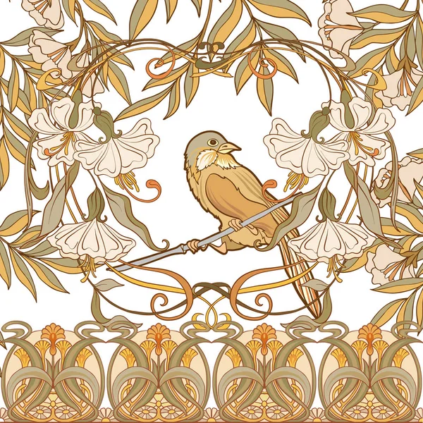 Poster, Hintergrund mit dekorativen Blumen und Vogel im Jugendstil, Vintage, Alt, Retro-Stil. — Stockvektor