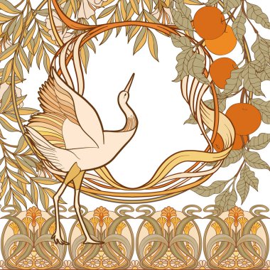 Poster, dekoratif çiçek ve kuş art nouveau tarzında, vintage, eski, retro tarzı ile arka plan. 
