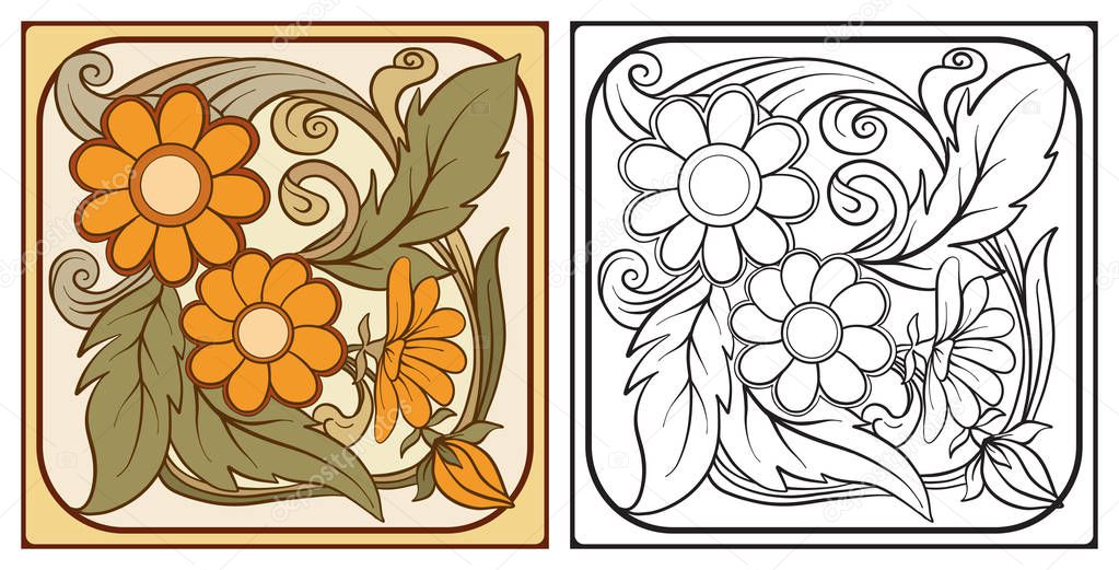 Outline hand drawing coloring page for the adult coloring book with decorative elements in the style of ceramic tiles in art nouveau style. With colored sample. Stock vector illustration.
