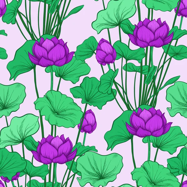 Patrón sin costuras, fondo con flor de loto. Ilustración botánica — Vector de stock