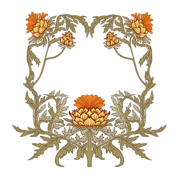 Frame in art nouveau style with thistle. In vintage blue color. — Stock Vector