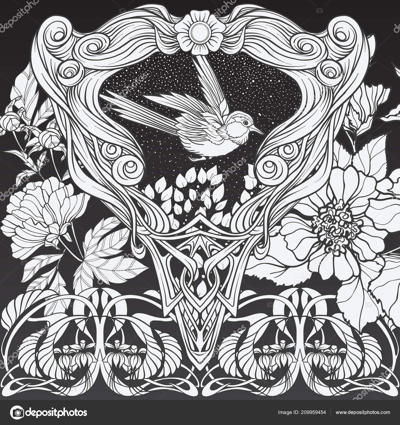 Poster background with decorative flowers and bird in art nouveau style black and white graphics vector illustration
