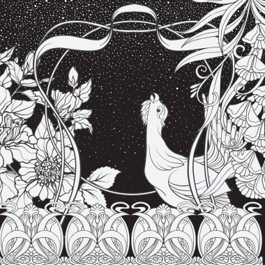 Poster, dekoratif çiçek ve kuş art nouveau tarzında arka plan. Siyah-beyaz grafik.