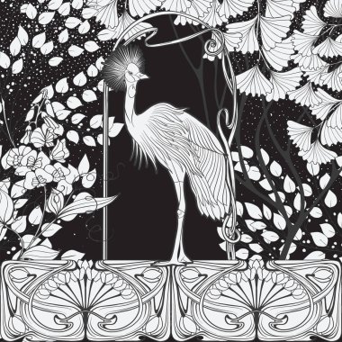 Poster, dekoratif çiçek ve kuş art nouveau tarzında arka plan. Siyah-beyaz grafik.