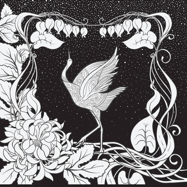Poster, achtergrond met decoratieve bloemen en vogels in art nouveaustijl. Zwart-wit afbeeldingen. — Stockvector