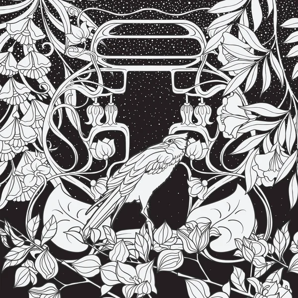 Cartaz, fundo com flores decorativas e pássaro em estilo art nouveau. Gráficos em preto e branco . — Vetor de Stock