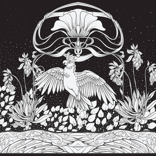 Poster, sfondo con fiori decorativi e uccello in stile liberty. Grafica in bianco e nero . — Vettoriale Stock