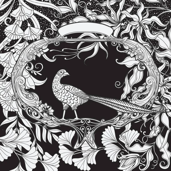 Cartaz, fundo com flores decorativas e pássaro em estilo art nouveau. Gráficos em preto e branco . — Vetor de Stock