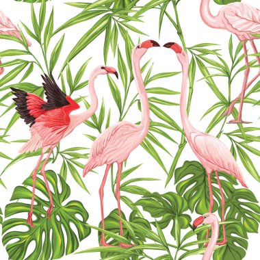 Vektör seamless modeli, flamingo ve tropik bitkiler ile arka plan 