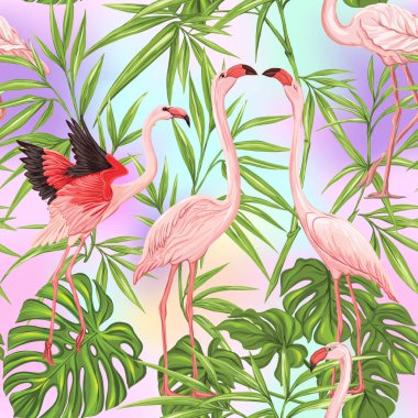 Vektör seamless modeli, flamingo ve tropik bitkiler ile arka plan 