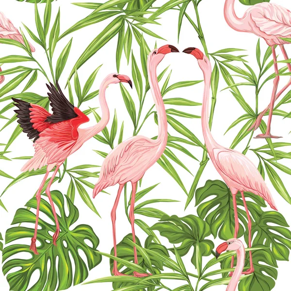 Vector naadloze patroon, achtergrond met flamingo en tropische planten — Stockvector