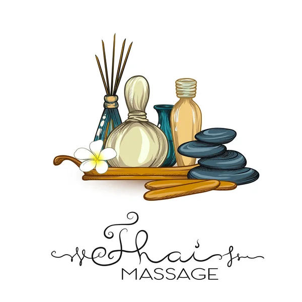 Een aantal items voor Thaise massage. Voorraad vectorillustratie. — Stockvector