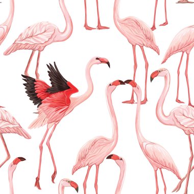 Vektör seamless modeli, flamingo ve tropik bitkiler ile arka plan 