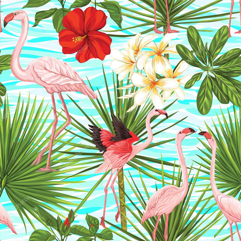 Vector seamless pattern, background with flamingo and tropical plants 