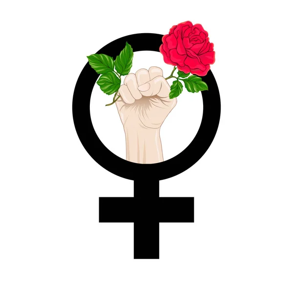 Feminizm Bir Kadın Yumruk Beyaz Zemin Üzerine Kırmızı Roseisolated Sembolü — Stok Vektör