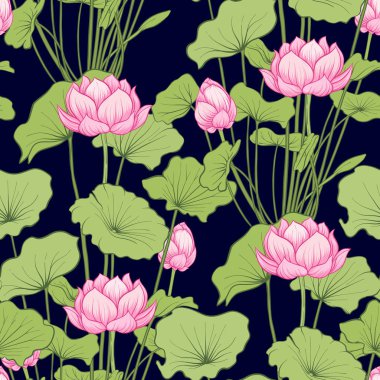 Dikişsiz desen, lotus çiçeği ile arka plan. Botanik illust