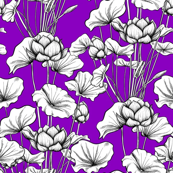 Seamless mönster, bakgrund med lotusblomma. Botaniska illust — Stock vektor