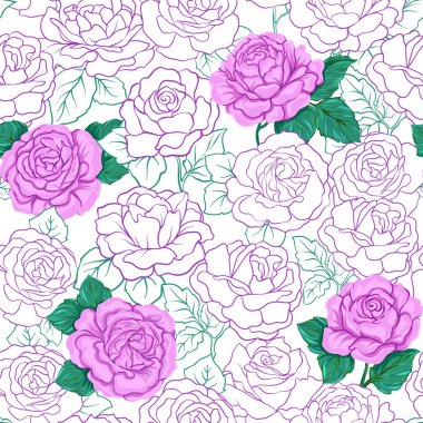 Dikişsiz desen, pembe gül, beyaz arka plan üzerinde izole ile arka plan. 