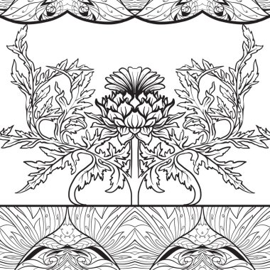 Thistle çiçek, arka planda art nouveau tarzında, vintage, eski, retro tarzı ile Seamless modeli.