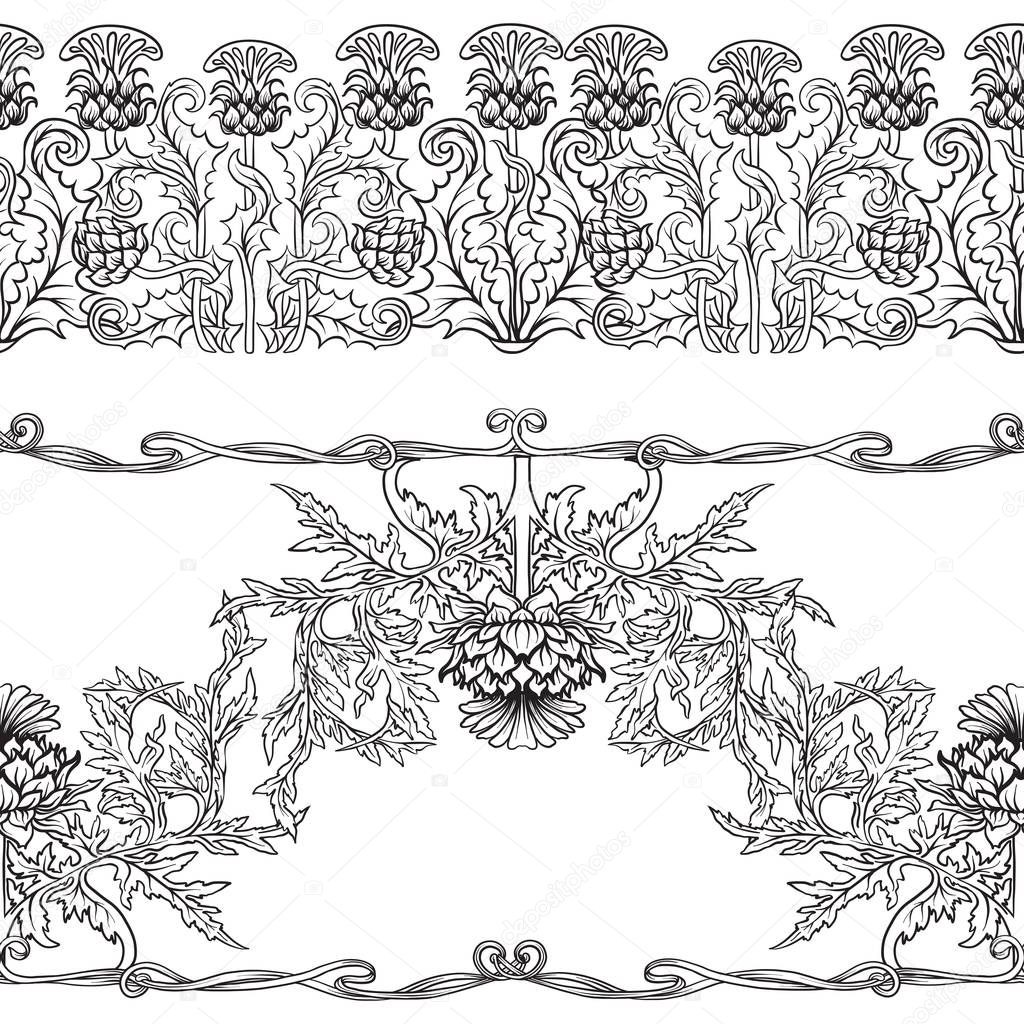  Seamless pattern with thistle flower, background in  art nouveau style, vintage, old, retro style.