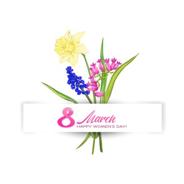 Buket bahar çiçek 8 Mart için. Renkli gerçekçi vektör çizim