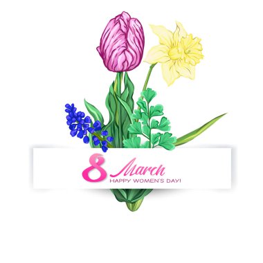 Buket bahar çiçek 8 Mart için. Renkli gerçekçi vektör çizim