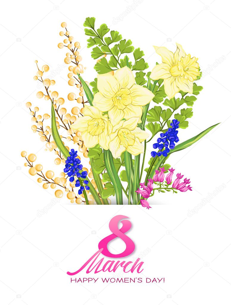 Bouquet of spring flowers for 8 March. Colorful realistic vector illustration