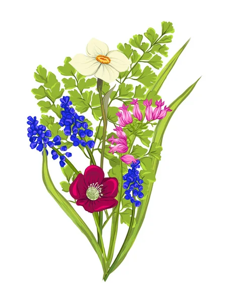Bukett av Vårens blommor. Färgglada realistisk vektorillustration — Stock vektor