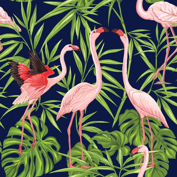 Patrón sin costura vectorial, fondo con flamenco y plantas tropicales — Archivo Imágenes Vectoriales