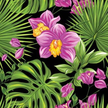 Vektör seamless modeli, tropikal bitkiler ile arka plan 