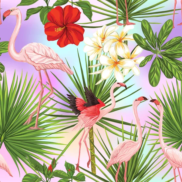 Vektör seamless modeli, flamingo ve tropik bitkiler ile arka plan 