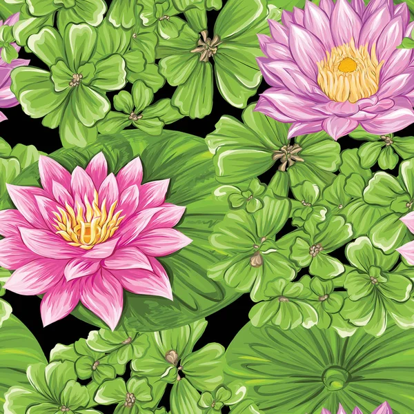 Dikişsiz desen, arka plan siyah arka plan üzerine lotus ile. Çekilmiş renkli vektör çizim olmadan el şeffaf ve degradeler.