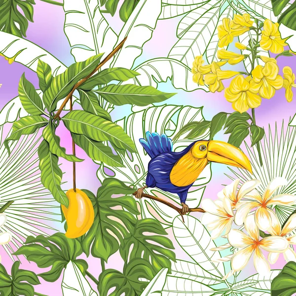 Patrón sin costura vectorial, fondo con tucán y plantas tropicales — Vector de stock