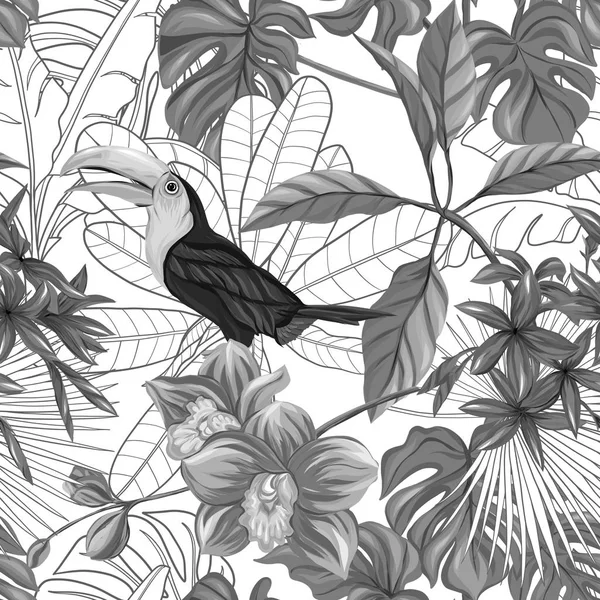 Modèle sans couture vectoriel, fond avec toucan et plantes tropicales — Image vectorielle