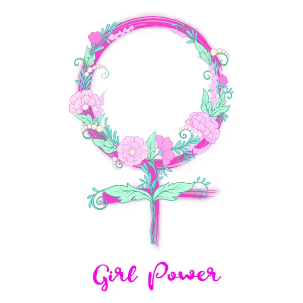 Wektor znak feminizm z kwiatami. Power dziewcząt. — Wektor stockowy