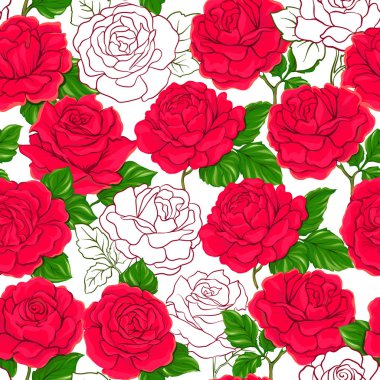 Dikişsiz desen arka plan üzerinde beyaz ba izole kırmızı güllü