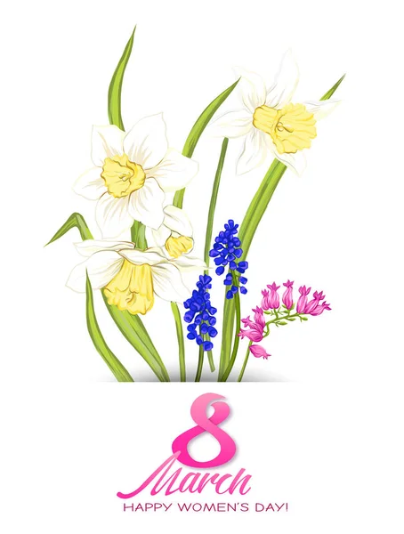 Bouquet of spring flowers for 8 March. Colorful realistic vector illustration — Stock Vector