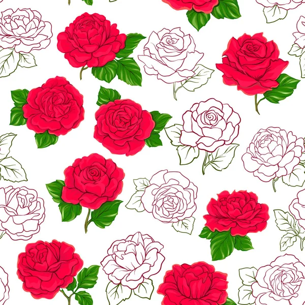 Seamless pattern with red roses, background isolated on white ba — Stock Vector