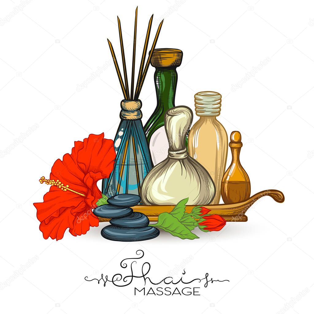 A set of different items, needs for SPA  or Thai massage. Colorful stock vector illustration.