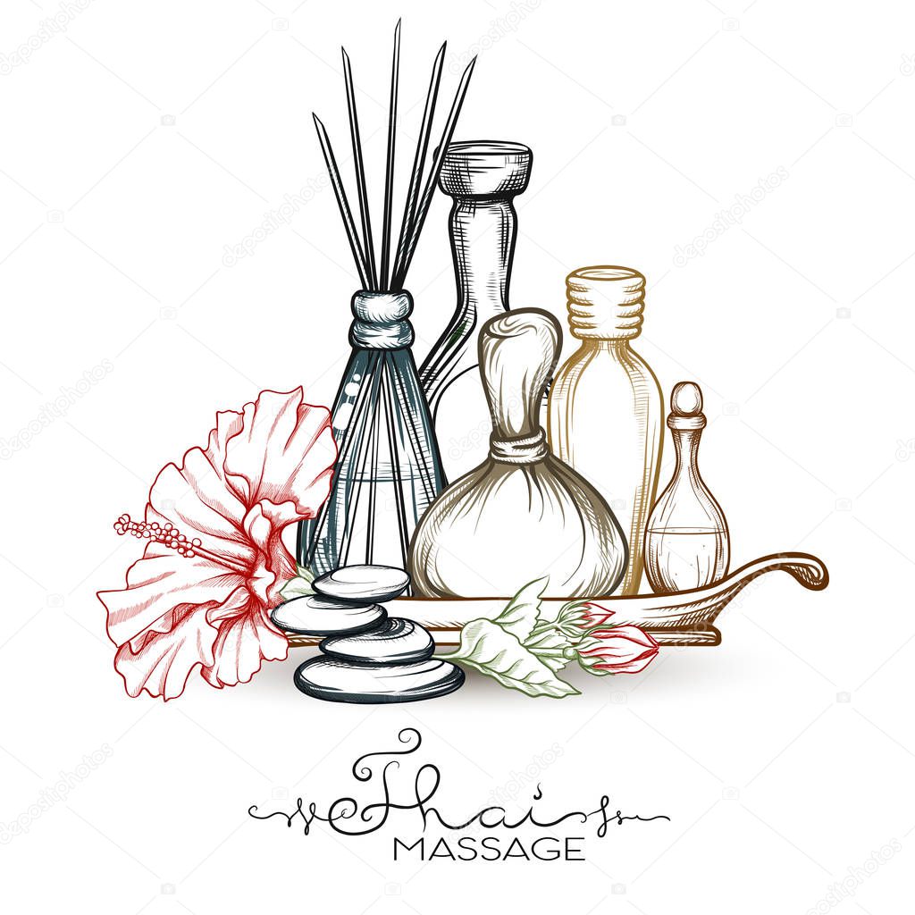 A set of different items, needs for SPA  or Thai massage. Stock vector illustration.
