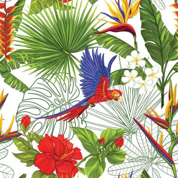 Modèle sans couture vectoriel, fond avec perroquet et plantes tropicales — Image vectorielle