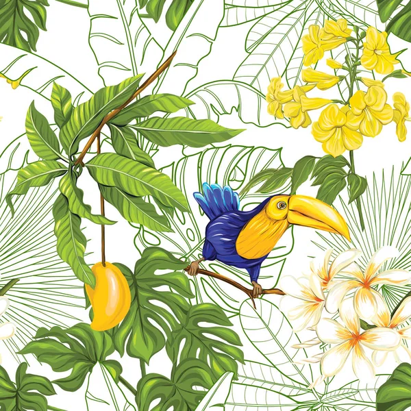 Patrón sin costura vectorial, fondo con tucán y plantas tropicales — Vector de stock