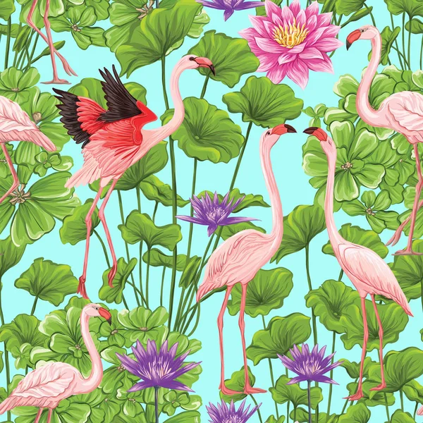 Padrão sem costura vetorial, fundo com flamingo e plantas tropicais — Vetor de Stock