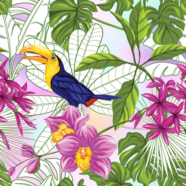 Vektor nahtloses Muster, Hintergrund mit Tukan- und tropischen Pflanzen — Stockvektor