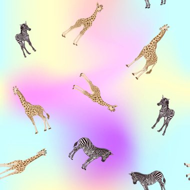 Dikişsiz desen, Yetişkin zebra, zürafa ve zebra ve zürafa arka plan yavrularını. Vektör çizim.  