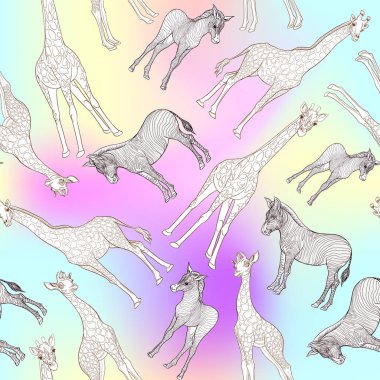 Dikişsiz desen, Yetişkin zebra, zürafa ve zebra ve zürafa arka plan yavrularını. Gerçekçi çizim, hayvan. Vektör çizim. Işık ultra violet pastel renklerle örgü pembe üzerinde,
