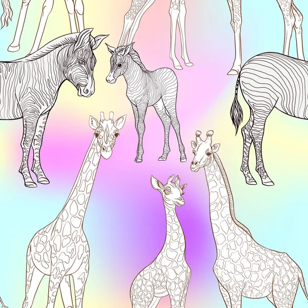 Seamless mönster, bakgrund med vuxen zebra och giraff och zebra och giraff ungar. Vektorillustration. — Stock vektor